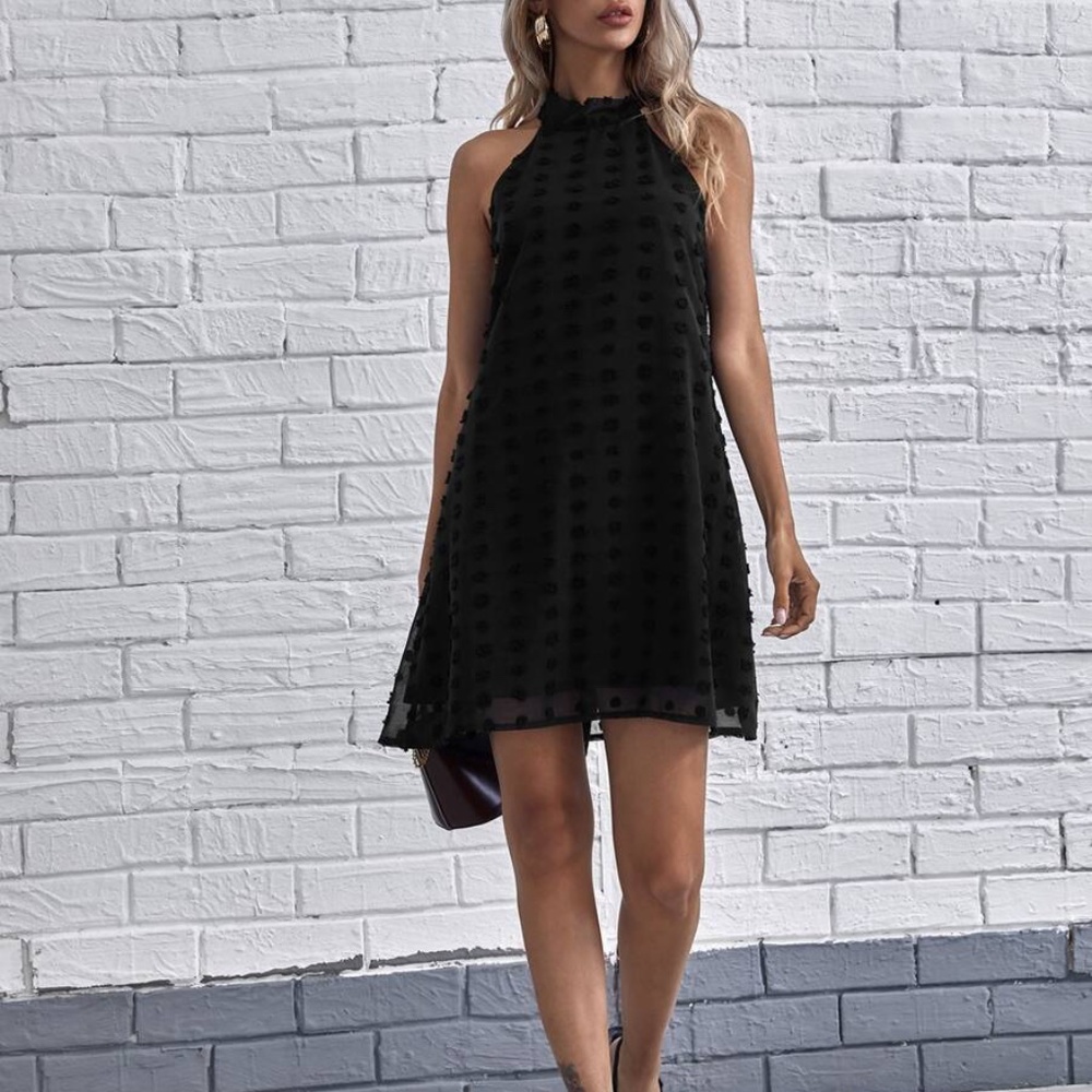 Boho Black Swiss Dot Halter Mini Dress - Picture 2 of 5